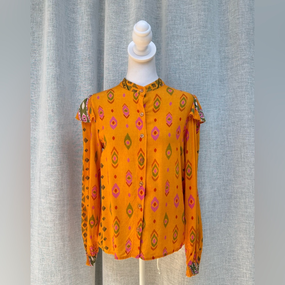 Munny Brazil Orange abstract button down viscose blouse